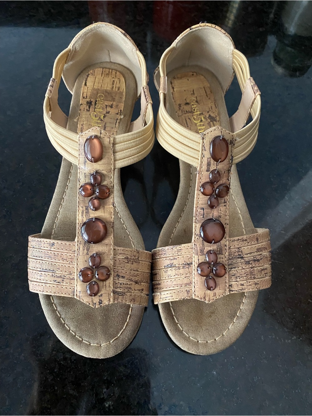 Womens Beige Cork-Style T-Strap Sandals with Brown Gem Accents